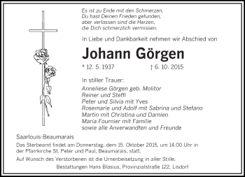 Todesanzeige von Johann Görgen von saarbruecker_zeitung
