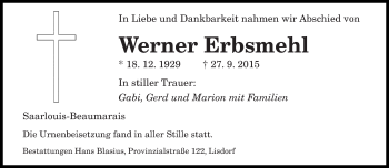 Todesanzeige von Werner Erbsmehl von saarbruecker_zeitung