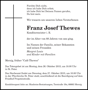 Todesanzeige von Franz Josef Thewes von saarbruecker_zeitung