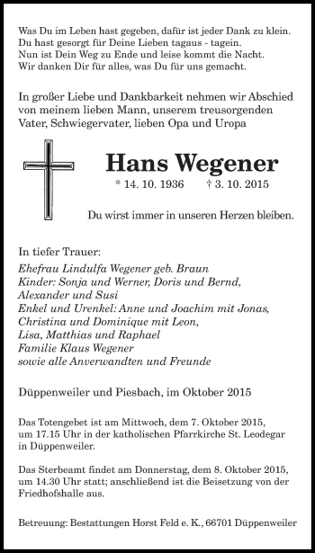 Todesanzeige von Hans Wegener von saarbruecker_zeitung