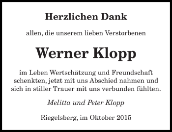 Todesanzeige von Werner Klopp von saarbruecker_zeitung