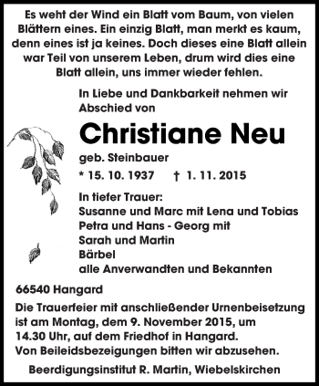 Todesanzeige von Christiane Neu von saarbruecker_zeitung