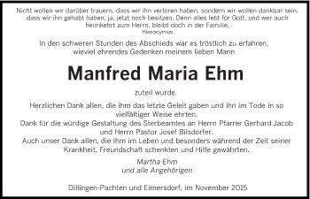 Todesanzeige von Manfred Maria Ehm von saarbruecker_zeitung