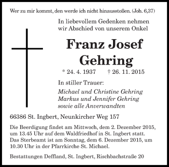 Todesanzeige von Franz Josef Gehring von saarbruecker_zeitung