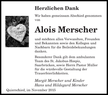Todesanzeige von Alois Merscher von saarbruecker_zeitung