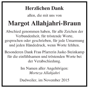 Todesanzeige von Margot Allahjahri-Braun von saarbruecker_zeitung