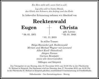 Todesanzeige von Eugen und Christa Recktenwald von saarbruecker_zeitung