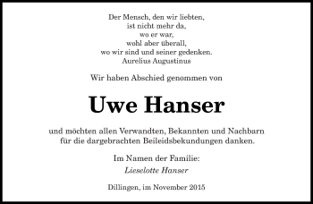 Todesanzeige von Uwe Hanser von saarbruecker_zeitung