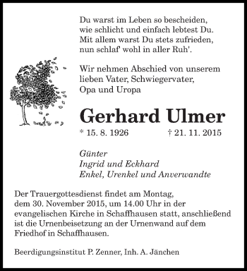 Todesanzeige von Gerhard Ulmer von saarbruecker_zeitung