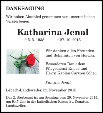 Todesanzeige von Katharina Jenal von saarbruecker_zeitung