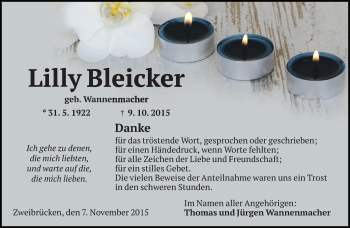 Todesanzeige von Lilly Bleicker von saarbruecker_zeitung