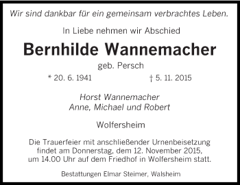 Todesanzeige von Bernhilde Wannemacher von saarbruecker_zeitung