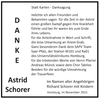 Todesanzeige von Astrid Schorer von saarbruecker_zeitung