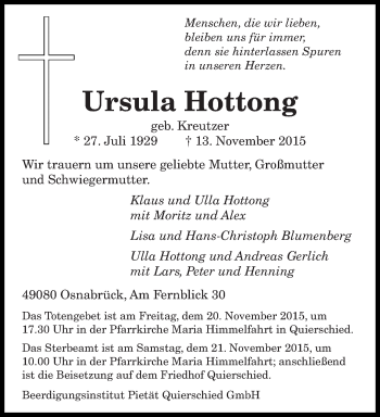 Todesanzeige von Ursula Hottong von saarbruecker_zeitung