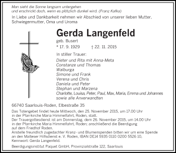 Todesanzeige von Gerda Langenfeld von saarbruecker_zeitung