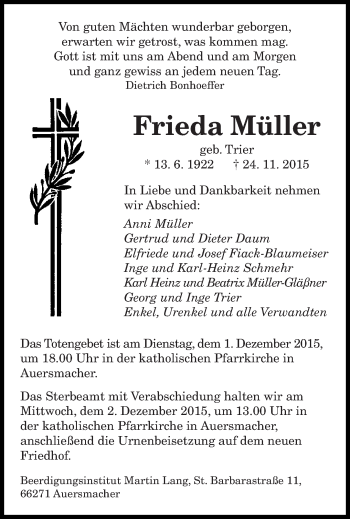 Todesanzeige von Frieda Müller von saarbruecker_zeitung