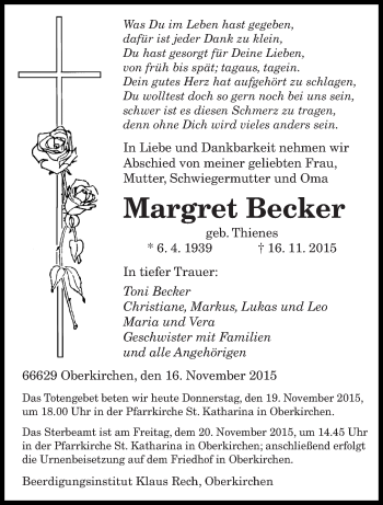 Todesanzeige von Margret Becker von saarbruecker_zeitung