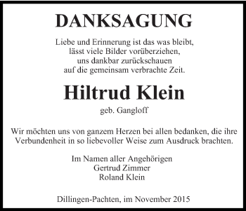 Todesanzeige von Hiltrud Klein von saarbruecker_zeitung