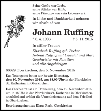 Todesanzeige von Johann Ruffing von saarbruecker_zeitung