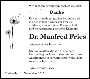 Todesanzeige von Manfred Fries von saarbruecker_zeitung