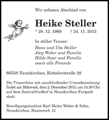 Todesanzeige von Heike Steller von saarbruecker_zeitung