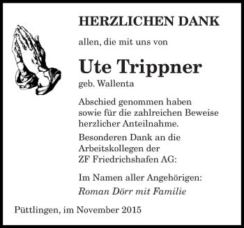 Todesanzeige von Ute Trippner von saarbruecker_zeitung