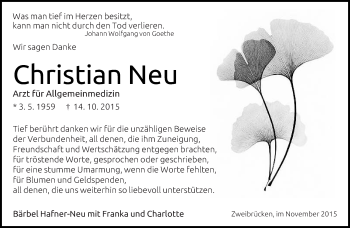 Todesanzeige von Christian Neu von saarbruecker_zeitung