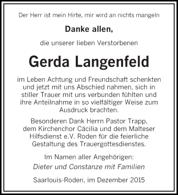 Todesanzeige von Gerda Langenfeld von saarbruecker_zeitung