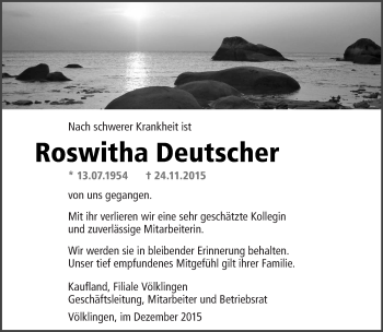 Todesanzeige von Roswitha Deutscher von saarbruecker_zeitung