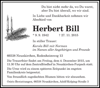 Todesanzeige von Herbert Bill von saarbruecker_zeitung