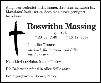 Todesanzeige von Roswitha Massing von saarbruecker_zeitung