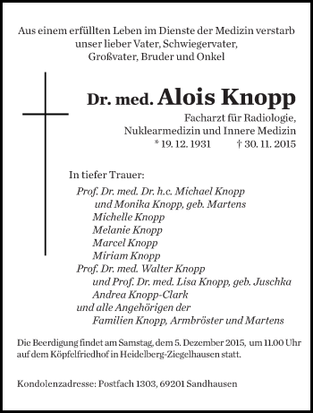Todesanzeige von Alois Knopp von saarbruecker_zeitung