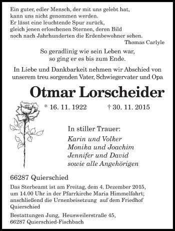 Todesanzeige von Otmar Lorscheider von saarbruecker_zeitung