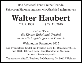 Todesanzeige von Walter Haubert von saarbruecker_zeitung