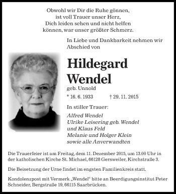 Todesanzeige von Hildegard Wendel von saarbruecker_zeitung