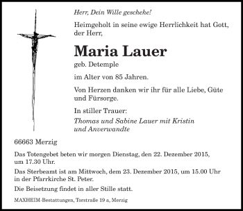 Todesanzeige von Maria Lauer von saarbruecker_zeitung