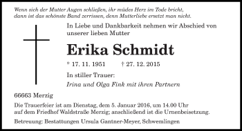 Todesanzeige von Erika Schmidt von saarbruecker_zeitung