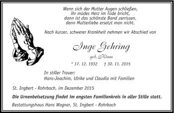 Todesanzeige von Inge Gehring von saarbruecker_zeitung