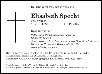 Todesanzeige von Elisabeth Specht von saarbruecker_zeitung