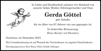 Todesanzeige von Gerda Göttel von saarbruecker_zeitung