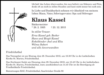Todesanzeige von Klaus Kassel von saarbruecker_zeitung