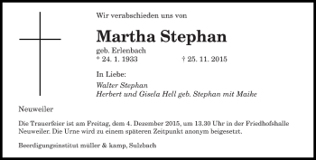 Todesanzeige von Martha Stephan von saarbruecker_zeitung