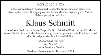 Todesanzeige von Klaus Schmitt von saarbruecker_zeitung