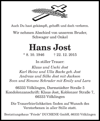 Todesanzeige von Hans Jost von saarbruecker_zeitung