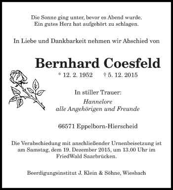 Todesanzeige von Bernhard Coesfeld von saarbruecker_zeitung