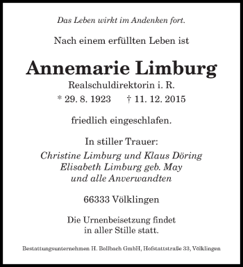 Todesanzeige von Annemarie Limburg von saarbruecker_zeitung