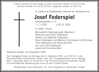 Todesanzeige von Josef Federspiel von saarbruecker_zeitung