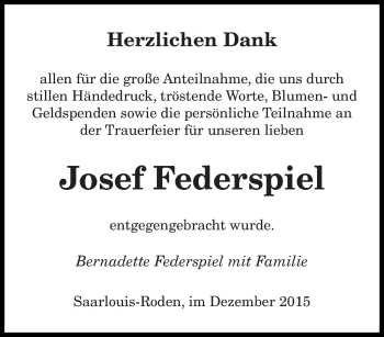 Todesanzeige von Josef Federspiel von saarbruecker_zeitung