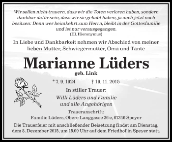 Todesanzeige von Marianne Lüders von saarbruecker_zeitung