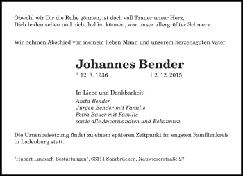 Todesanzeige von Joahnnes Bender von saarbruecker_zeitung